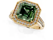 Halo Engagement Ring Setting for Fancy Green Asscher Cut Center with Outer Bezel Rim, Pave Band and Prong Head in Yellow Gold