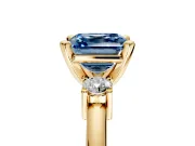 3 Stone Engagement Ring Setting for Fancy Blue Asscher Cut Center with Wide Plain Band and Prong Head in Yellow Gold