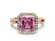 Halo Engagement Ring Setting for Fancy Pink Asscher Cut Center with Pave and Plain Twist Band and Prong Head in Rose Gold