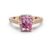 Cathedral Engagement Ring Setting for Fancy Pink Radiant Cut Center with Antique-Style Pave Band and Prong Head in Rose Gold