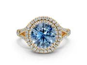 Double Halo Engagement Ring Setting for Fancy Blue Round Cut Center with Narrow Pave Split Shank and Prong Head in Yellow Gold