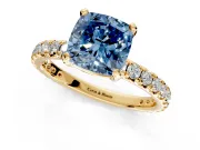 Solitaire Engagement Ring Setting for Fancy Blue Cushion Cut Center with Shared-Prong Accents and Prong Head in Yellow Gold