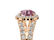 Halo Engagement Ring Setting for Fancy Pink Round Cut Center with Narrow Pave Split Shank and Prong Head in Rose Gold