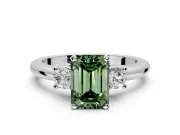 3 Stone Engagement Ring Setting for Fancy Green Emerald Cut Center with Wide Plain Band and Prong Head in White Gold