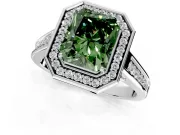 Halo Engagement Ring Setting for Fancy Green Emerald Cut Center with Outer Bezel Rim, Pave Band and Prong Head in Platinum