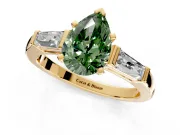 3 Stone Engagement Ring Setting for Fancy Green Pear-Shaped Center with Tapered Baguettes, Plain Band and Prong Head in Yellow Gold