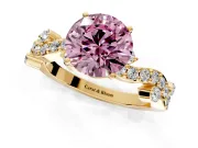 Solitaire Engagement Ring Setting for Fancy Pink Round Cut Center with Bar-Station Pave Twist and Prong Head in Yellow Gold