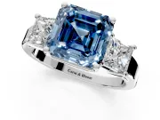 3 Stone Engagement Ring Setting for Fancy Blue Asscher Cut Center with Matching Side Accents and Prong Head in Platinum