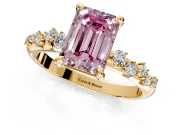 Solitaire Engagement Ring Setting for Fancy Pink Emerald Cut Center with Trailing Leaf Accent Band and Prong Head in Yellow Gold