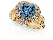 Halo Engagement Ring Setting for Fancy Blue Heart-Shaped Center with Open Scroll Shoulders and Prong Head in Yellow Gold