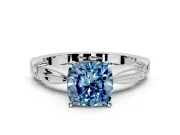Solitaire Engagement Ring Setting for Fancy Blue Cushion Cut Center with Carved Leaf Shoulders and Prong Head in Platinum