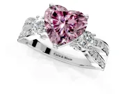 3 Stone Engagement Ring Setting for Fancy Pink Heart-Shaped Center with Pave Twist Band and Prong Head in Platinum