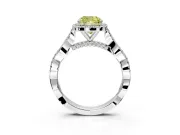 Halo Engagement Ring Setting for Fancy Yellow Cushion Cut Center with Twist Band and Prong Head in White Gold