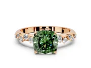 Cluster Engagement Ring Setting for Fancy Green Cushion Cut Center with Round Cut Accent Band and Prong Head in Rose Gold