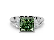 3 Stone Engagement Ring Setting for Fancy Green Princess Cut Center with Large Pear-Shaped Accents and Prong Head in Sterling Silver