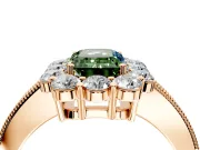 Halo Engagement Ring Setting for Fancy Green Emerald Cut Center with Milgrain Channel Band and Prong Head in Rose Gold
