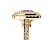 Halo Engagement Ring Setting for Fancy Pink Princess Cut Center with Milgrain Frame, Pave Band and Prong Head in Yellow Gold