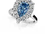 Single Halo Engagement Ring Setting for Fancy Blue Pear-Shaped Center with Corner Claws, Plain Band and Prong Head in Platinum