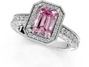 Milgrain Halo Engagement Ring Setting for Fancy Pink Emerald Cut Center with Wide Pave Band and Prong Head in White Gold