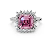 Starburst Halo Engagement Ring Setting for Fancy Pink Asscher Cut Center with Thin Round-Wire Band and Prong Head in Platinum