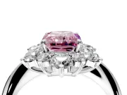 Small-Accent Cluster Halo Engagement Ring Setting for Fancy Pink Radiant Cut Center with Plain Band and Prong Head in Platinum