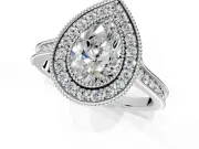 Halo Engagement Ring Setting for Pear-Shaped Center with Milgrain Pave Band and Bezel Head in Sterling Silver