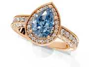 Milgrain Halo Engagement Ring Setting for Fancy Blue Pear-Shaped Center with Wide Pave Band and Prong Head in Rose Gold
