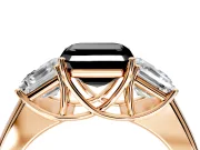 3 Stone Engagement Ring Setting for Fancy Black Asscher Cut Center with Raised Basket Heads and Prong Head in Rose Gold