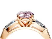 3 Stone Engagement Ring Setting for Fancy Pink Oval Center with Tapered Baguettes, Plain Band and Prong Head in Rose Gold