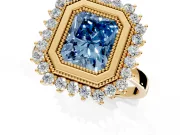 Halo Engagement Ring Setting for Fancy Blue Radiant Cut Center with Milgrain Bezel Rim, Plain Band and Prong Head in Yellow Gold