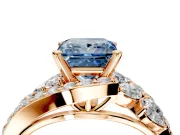 Halo Engagement Ring Setting for Fancy Blue Princess Cut Center with Marquise and Pave Bypass Band and Prong Head in Rose Gold