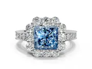 Halo Engagement Ring Setting for Fancy Blue Princess Cut Center with Milgrain Channel Band and Prong Head in Platinum