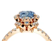 Halo Engagement Ring Setting for Fancy Blue Cushion Cut Center with Openwork Halo, Pave Band and Prong Head in Rose Gold