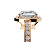 Bezel-Framed Halo Engagement Ring Setting for Asscher Cut Center with Pave Band and Prong Head in Rose Gold