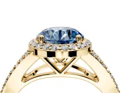 Halo Engagement Ring Setting for Fancy Blue Round Cut Center with Pave Split Shank and Prong Head in Yellow Gold