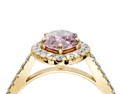 Halo Engagement Ring Setting for Fancy Pink Marquise Center with Narrowing Pave Band and Prong Head in Yellow Gold