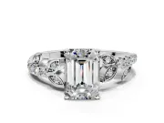 Leaf Motif Engagement Ring Setting for Emerald Cut Center with Pave Band and Prong Head in White Gold