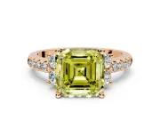 Paired Accent Engagement Ring Setting for Fancy Yellow Asscher Cut Center with Pave Band and Prong Head in Rose Gold
