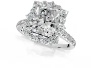 Halo Engagement Ring Setting for Radiant Cut Center with Single-Row Pave, Open Basket and Prong Head in Platinum