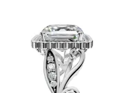 Halo Engagement Ring Setting for Asscher Cut Center with Leaf Motif Split Shank and Prong Head in Platinum