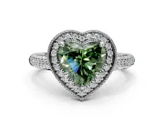 Milgrain Halo Engagement Ring Setting for Fancy Green Heart-Shaped Center with Three-Sided Pave Band and Prong Head in Platinum