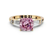 Bar-Set Engagement Ring Setting for Fancy Pink Cushion Cut Center with Tapered Baguette Accents and Prong Head in Yellow Gold