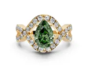 Halo Engagement Ring Setting for Fancy Green Pear-Shaped Center with Pave Infinity Twist Band and Prong Head in Yellow Gold