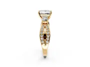 3 Stone Engagement Ring Setting for Princess Cut Center with Pave Twist Band and Prong Head in Yellow Gold