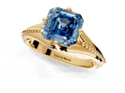 Solitaire Engagement Ring Setting for Fancy Blue Asscher Cut Center with Milgrain Cathedral Band and Prong Head in Yellow Gold