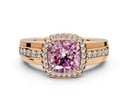 Halo Engagement Ring Setting for Fancy Pink Cushion Cut Center with Wide Band, Inlaid Accent Row and Prong Head in Rose Gold