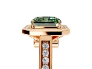 Halo Engagement Ring Setting for Fancy Green Emerald Cut Center with Outer Bezel Rim, Pave Band and Prong Head in Rose Gold