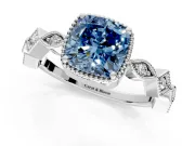 Milgrain Bezel Engagement Ring Setting for Fancy Blue Cushion Cut Center with Marquise Stations and Bezel Head in White Gold