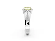 Halo Engagement Ring Setting for Fancy Yellow Asscher Cut Center with Wide Band, Inlaid Accent Row and Prong Head in White Gold