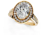 Halo Engagement Ring Setting for Oval Center with Outer Bezel Rim, Pave Band and Prong Head in Yellow Gold
